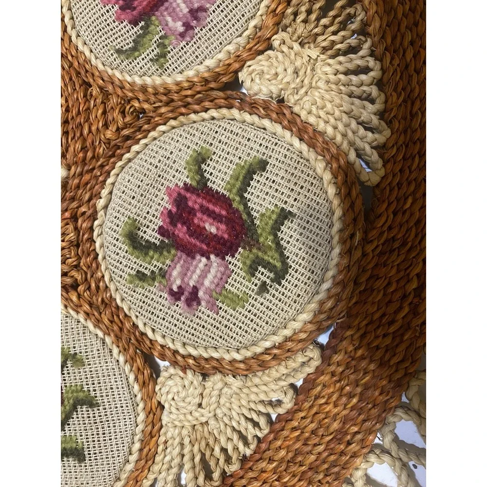 Woven Rattan Table Centerpiece 1970's MCM Needlepoint  Roses-As Is